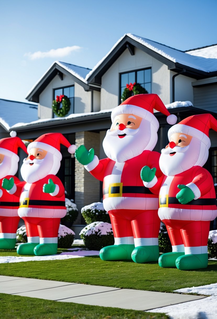 Christmas Yard Decorations Ideas 2025: 22 Inspiring Ways to Elevate Your Outdoor Display 4 A suburban front yard decorated with multiple large inflatable Santa Claus figures and holiday lights in front of a house.
