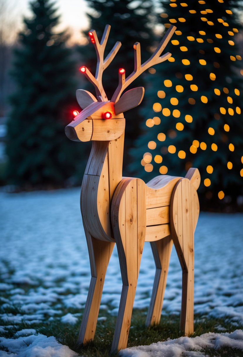 Christmas Yard Decorations Ideas 2025: 22 Inspiring Ways to Elevate Your Outdoor Display 5 A wooden reindeer yard decoration with glowing LED eyes standing on snow-covered grass surrounded by evergreen trees with Christmas lights.