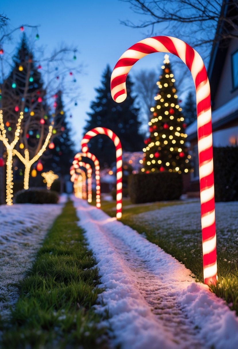 Christmas Yard Decorations Ideas 2025: 22 Inspiring Ways to Elevate Your Outdoor Display 6 A snowy yard with a walkway lined by glowing candy cane-shaped lights and decorated trees in the background.