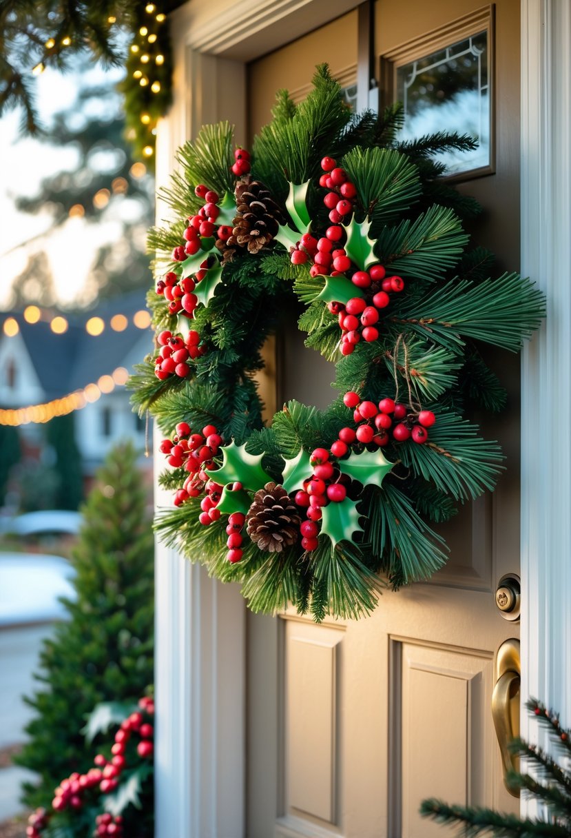 Christmas Yard Decorations Ideas 2025: 22 Inspiring Ways to Elevate Your Outdoor Display 7 A classic red and green Christmas wreath hanging on a front door with a decorated yard in the background.