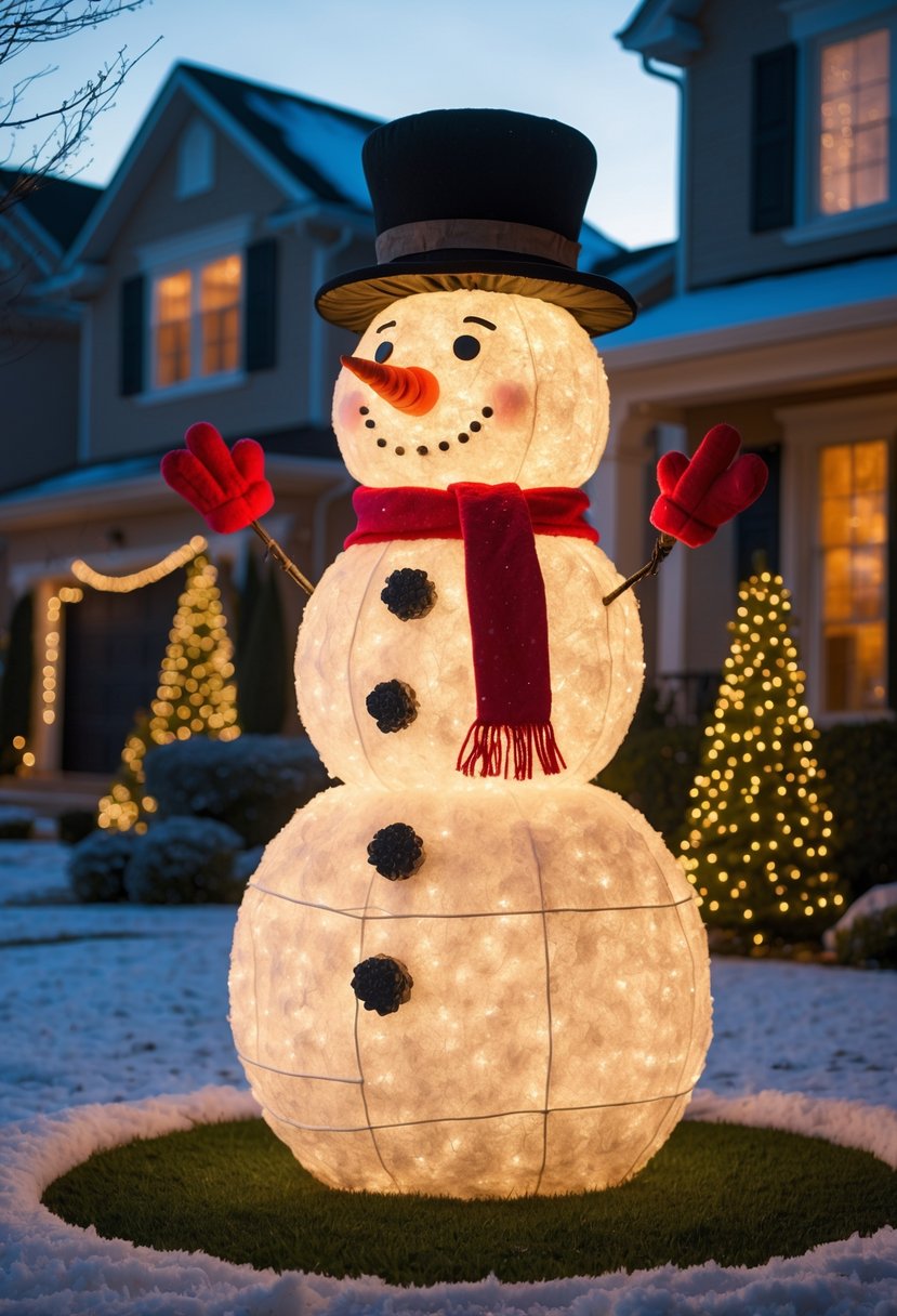 Christmas Yard Decorations Ideas 2025: 22 Inspiring Ways to Elevate Your Outdoor Display 8 An illuminated snowman figure standing on a snowy lawn with holiday lights and a house in the background during evening.