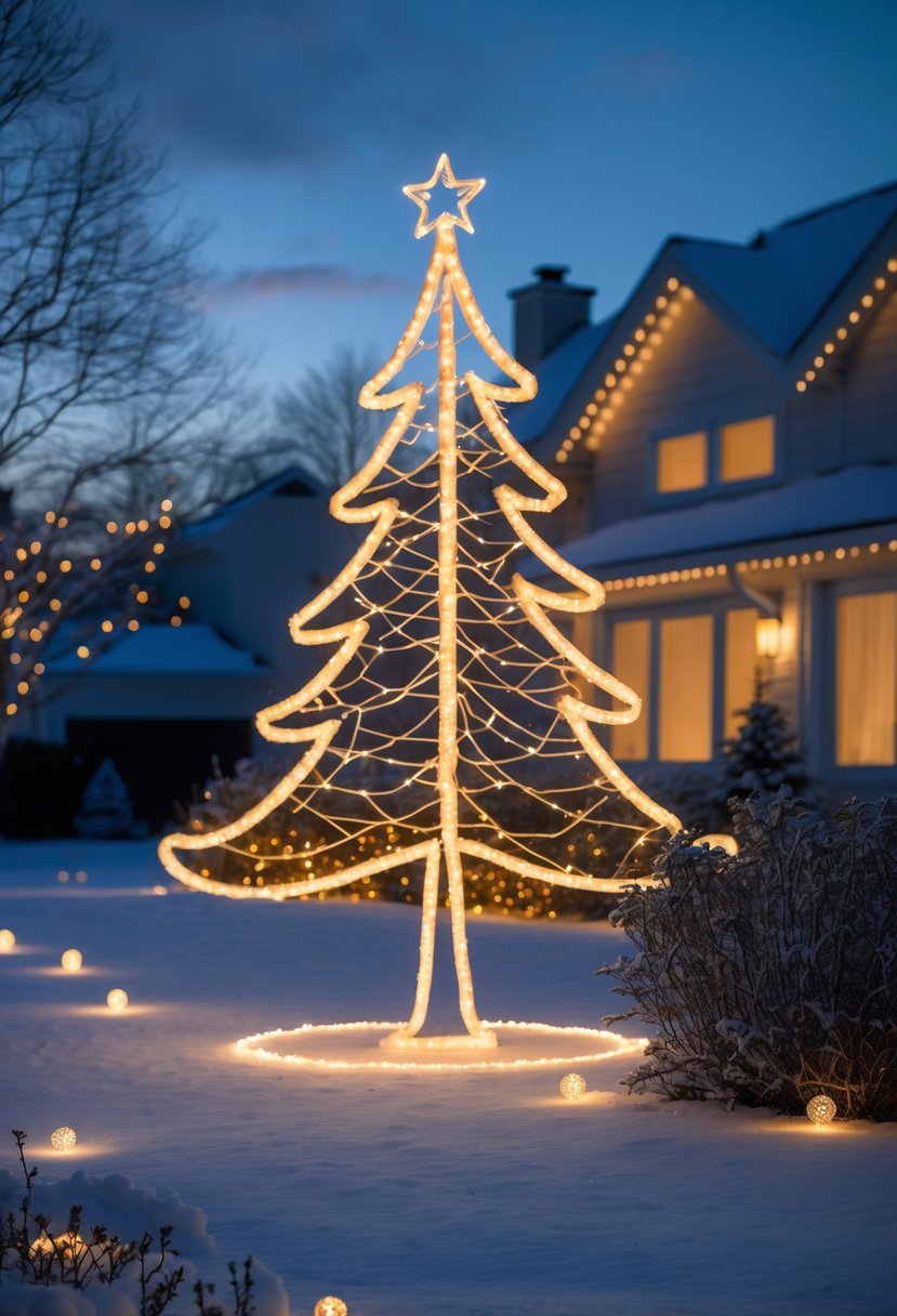 Christmas Yard Decorations Ideas 2025: 22 Inspiring Ways to Elevate Your Outdoor Display 9 A glowing Christmas tree silhouette illuminated with warm lights in a snowy front yard with a house in the background at twilight.