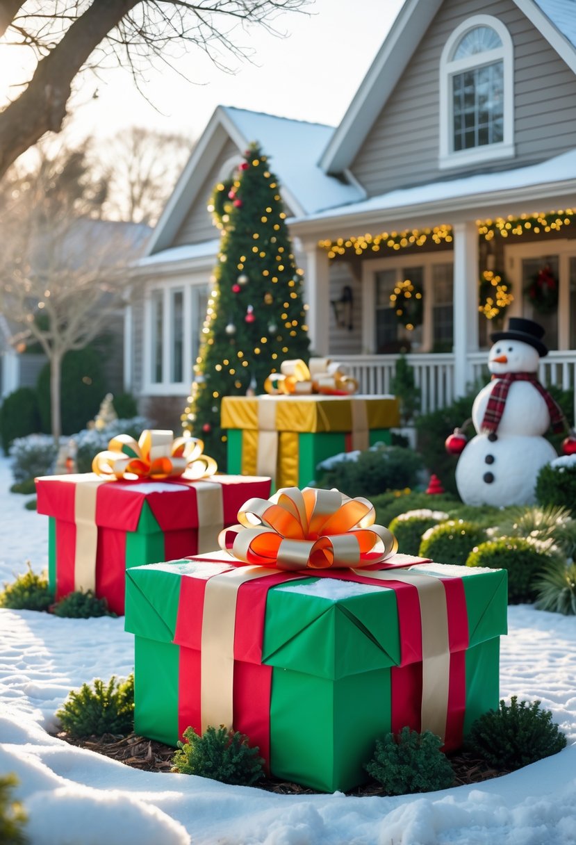 Christmas Yard Decorations Ideas 2025: 22 Inspiring Ways to Elevate Your Outdoor Display 10 A snowy front yard decorated with several large homemade gift box decorations wrapped in festive colors, surrounded by Christmas lights, a snowman, and a decorated house in the background.