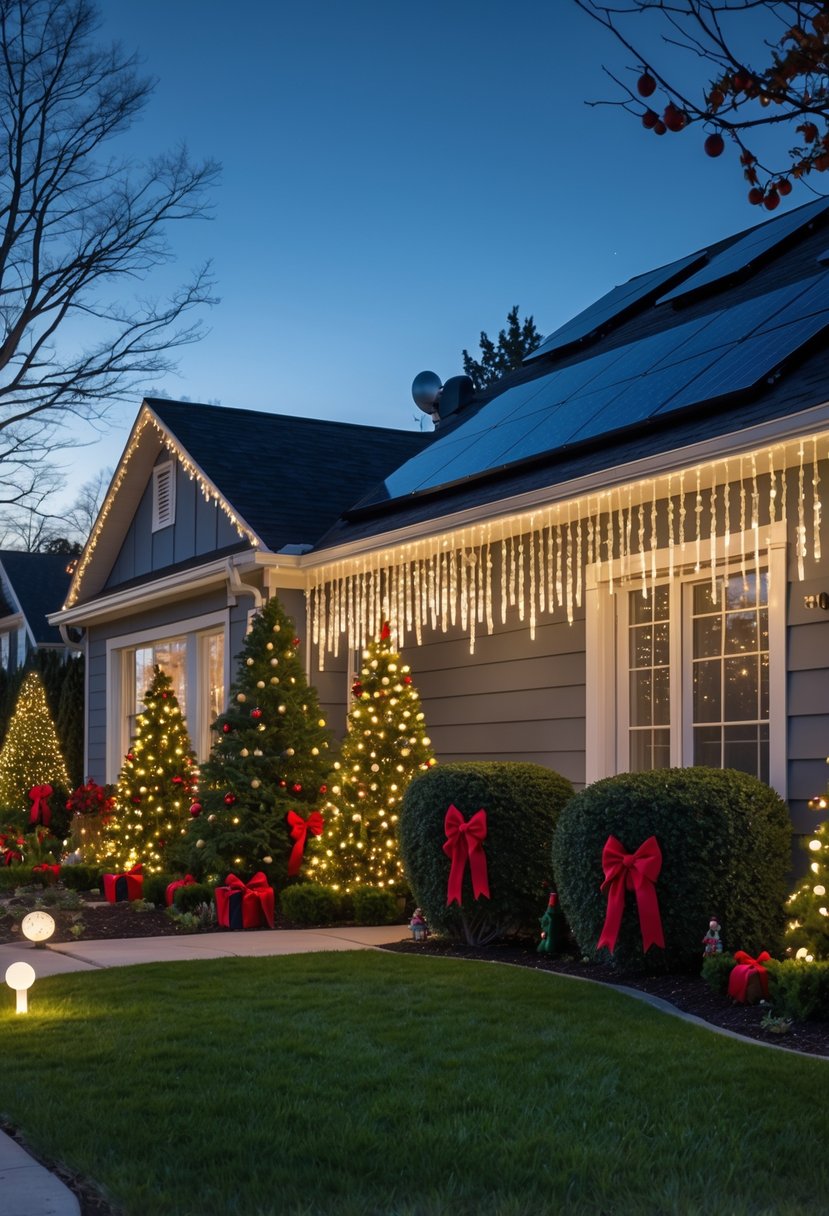 Christmas Yard Decorations Ideas 2025: 22 Inspiring Ways to Elevate Your Outdoor Display 11 A suburban house at dusk with warm white icicle lights hanging from the roof and solar panels visible, surrounded by decorated bushes and a lit pathway.