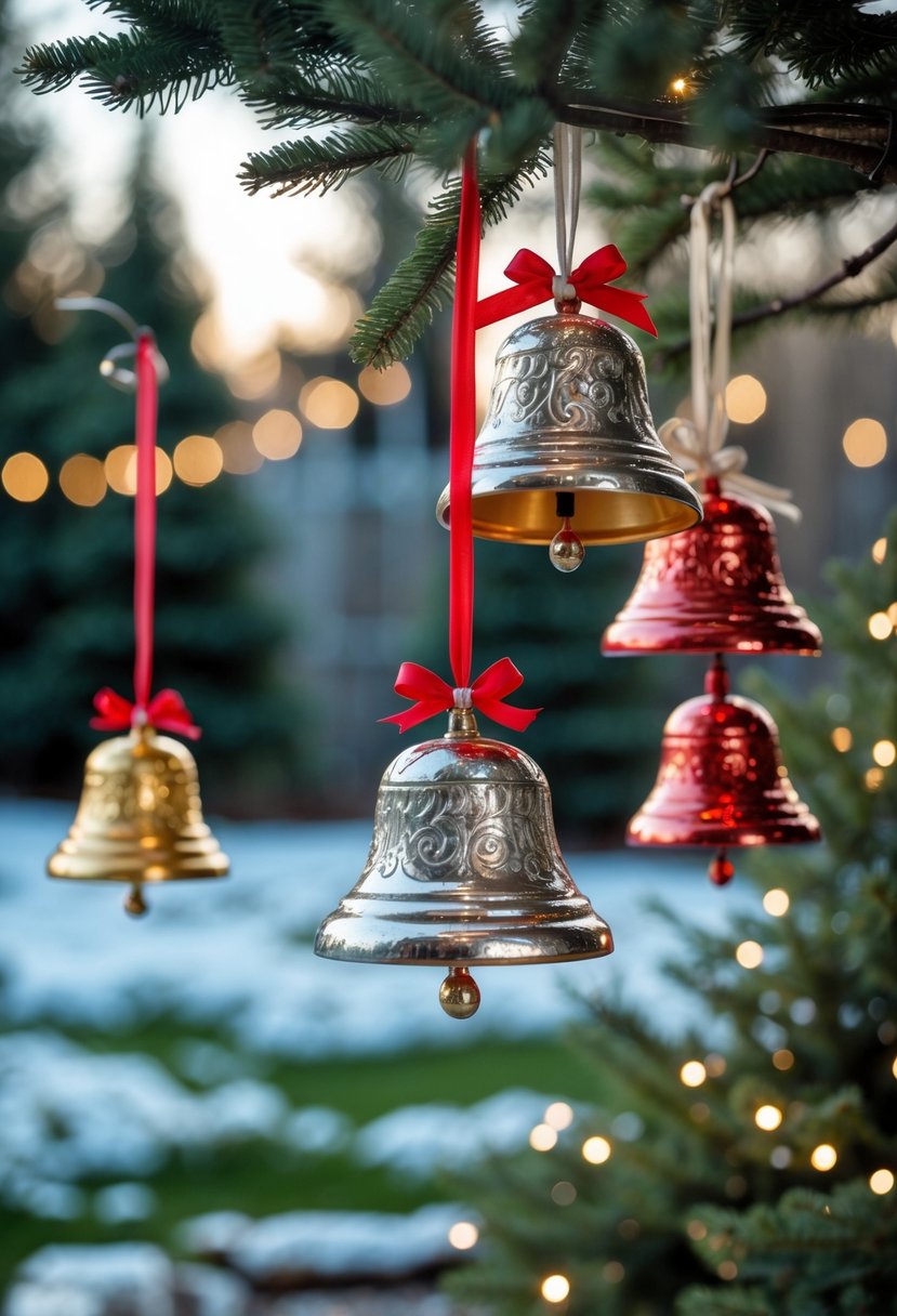 Christmas Yard Decorations Ideas 2025: 22 Inspiring Ways to Elevate Your Outdoor Display 12 Close-up of colorful bell ornaments hanging outdoors in a winter garden with evergreen trees and soft lighting.