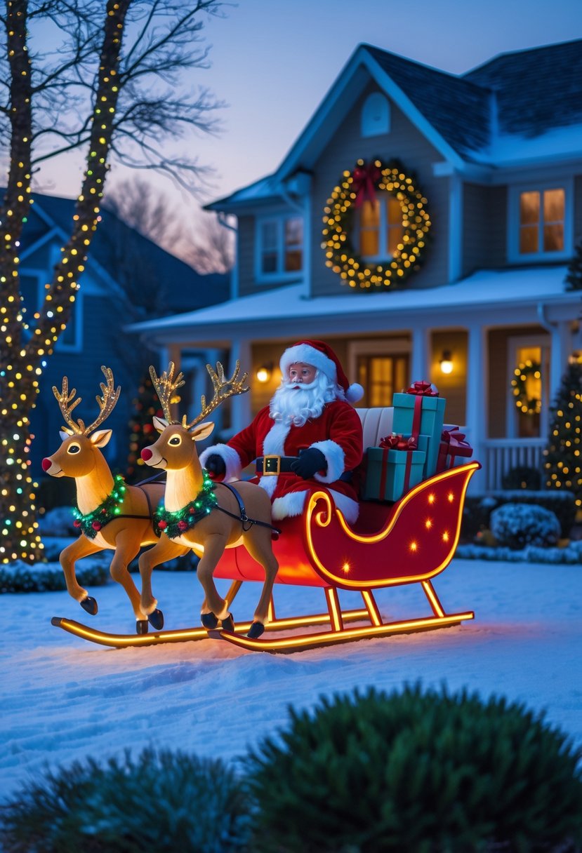 Christmas Yard Decorations Ideas 2025: 22 Inspiring Ways to Elevate Your Outdoor Display 13 A front yard decorated with an animated Santa Claus in a sleigh pulled by reindeer, surrounded by Christmas lights and snow.