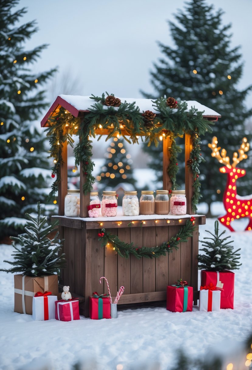 Christmas Yard Decorations Ideas 2025: 22 Inspiring Ways to Elevate Your Outdoor Display 14 Outdoor DIY hot chocolate stand decorated with Christmas garlands and lights in a snowy yard with evergreen trees and holiday decorations.
