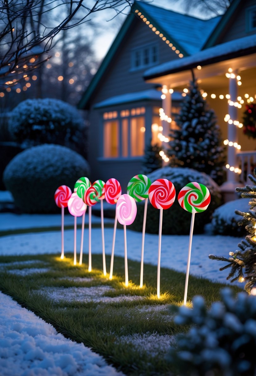 Christmas Yard Decorations Ideas 2025: 22 Inspiring Ways to Elevate Your Outdoor Display 15 A snowy yard decorated with glowing candy lollipop stakes and Christmas lights around trees and bushes.