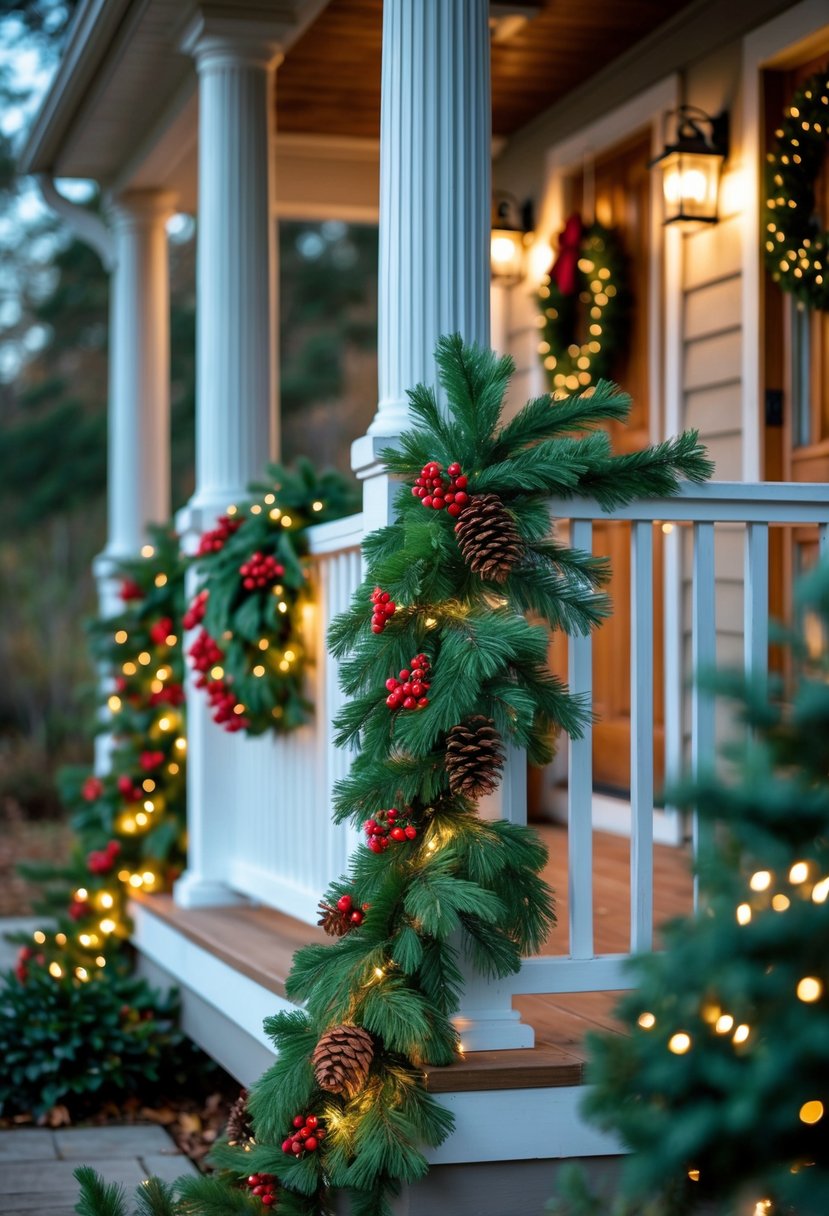 Christmas Yard Decorations Ideas 2025: 22 Inspiring Ways to Elevate Your Outdoor Display 16 Front porch decorated with a green pine garland, pinecones, and red berries for Christmas.