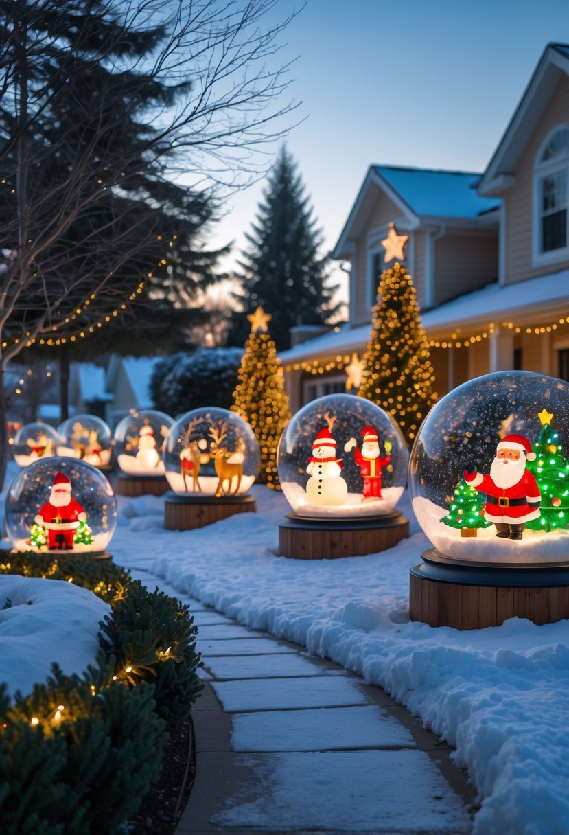 Christmas Yard Decorations Ideas 2025: 22 Inspiring Ways to Elevate Your Outdoor Display 17 A snowy front yard decorated with large illuminated snow globe Christmas decorations, evergreen trees, and festive lights.
