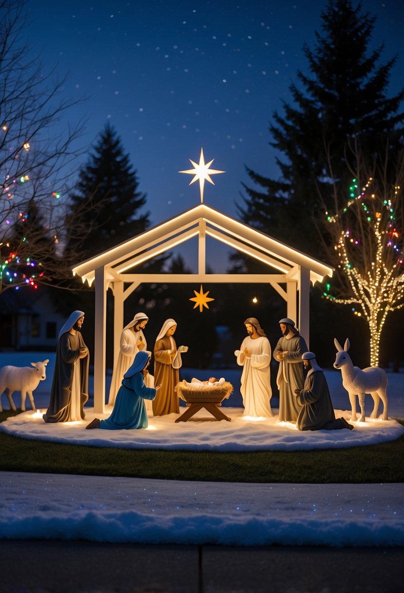 Christmas Yard Decorations Ideas 2025: 22 Inspiring Ways to Elevate Your Outdoor Display 18 A lighted nativity scene with figures of Mary, Joseph, baby Jesus, wise men, shepherds, and animals in a snowy yard at night with Christmas lights on trees and a bright star above.