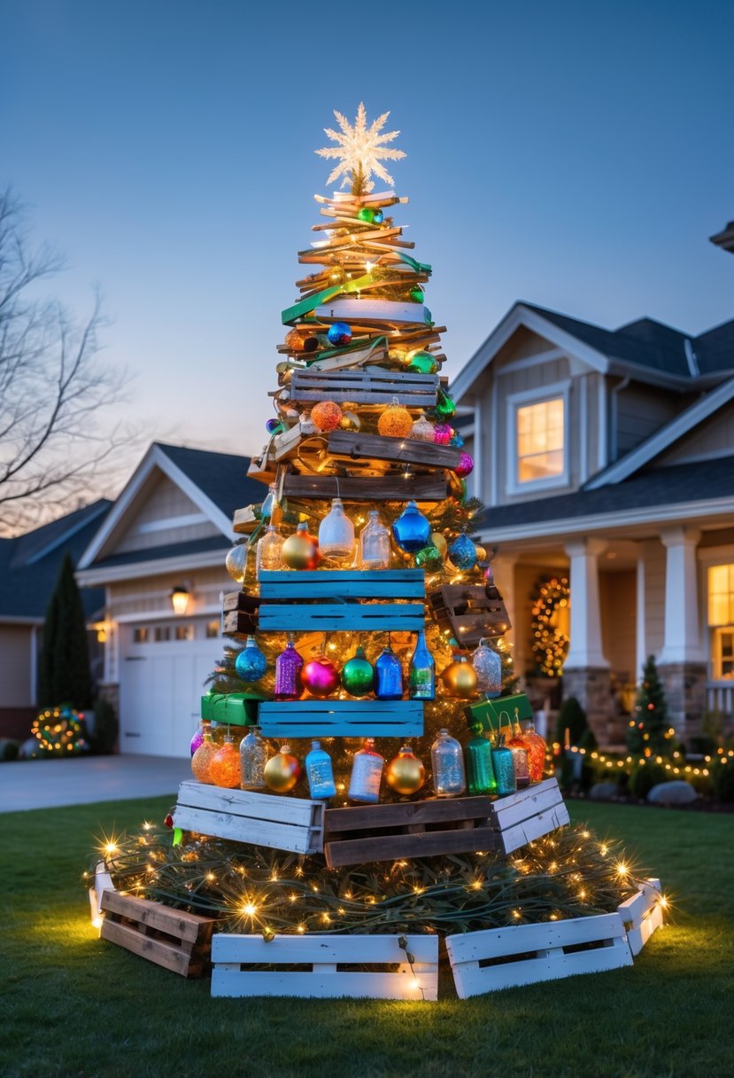 Christmas Yard Decorations Ideas 2025: 22 Inspiring Ways to Elevate Your Outdoor Display 19 A Christmas tree made from recycled materials decorated with lights and ornaments, displayed on a green lawn in front of a house with additional eco-friendly holiday decorations.