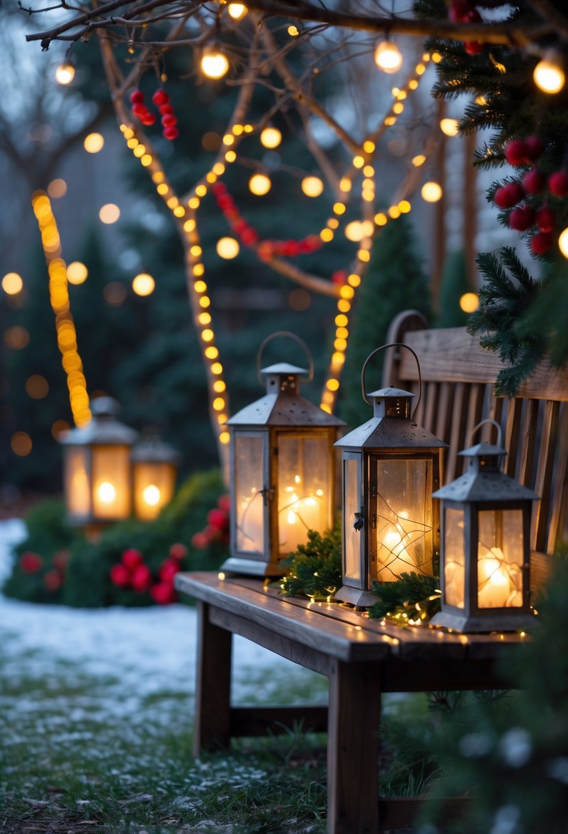 Christmas Yard Decorations Ideas 2025: 22 Inspiring Ways to Elevate Your Outdoor Display 20 Outdoor Christmas yard decorated with vintage lanterns glowing with fairy lights surrounded by snow and greenery.