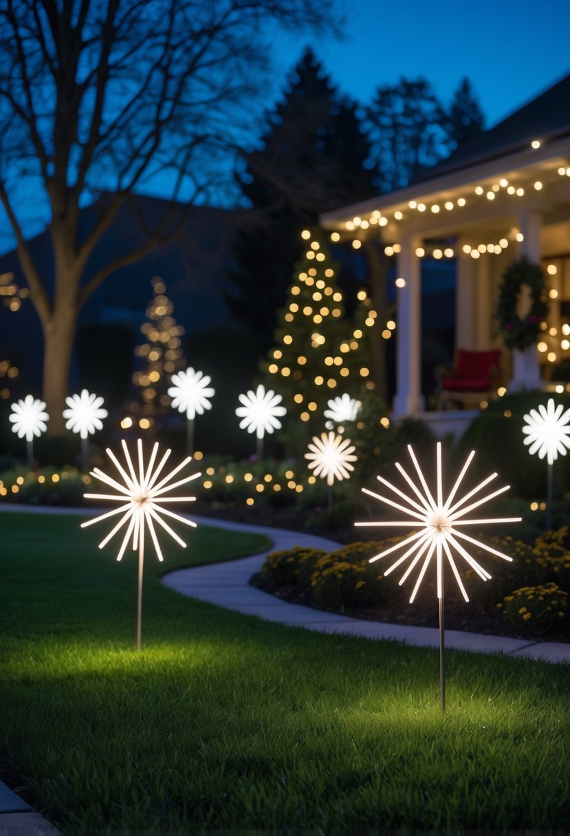 Christmas Yard Decorations Ideas 2025: 22 Inspiring Ways to Elevate Your Outdoor Display 22 A yard at dusk decorated with glowing LED starburst lights along a garden path and flower beds, with subtle Christmas decorations in the background.