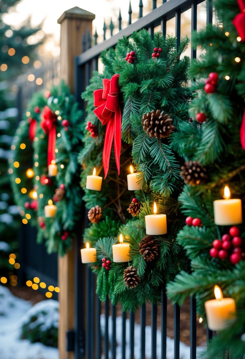 Christmas Yard Decorations Ideas 2025: 22 Inspiring Ways to Elevate Your Outdoor Display 23 Christmas wreaths with glowing battery-operated candles hanging on a wooden fence in a snowy yard with holiday decorations in the background.