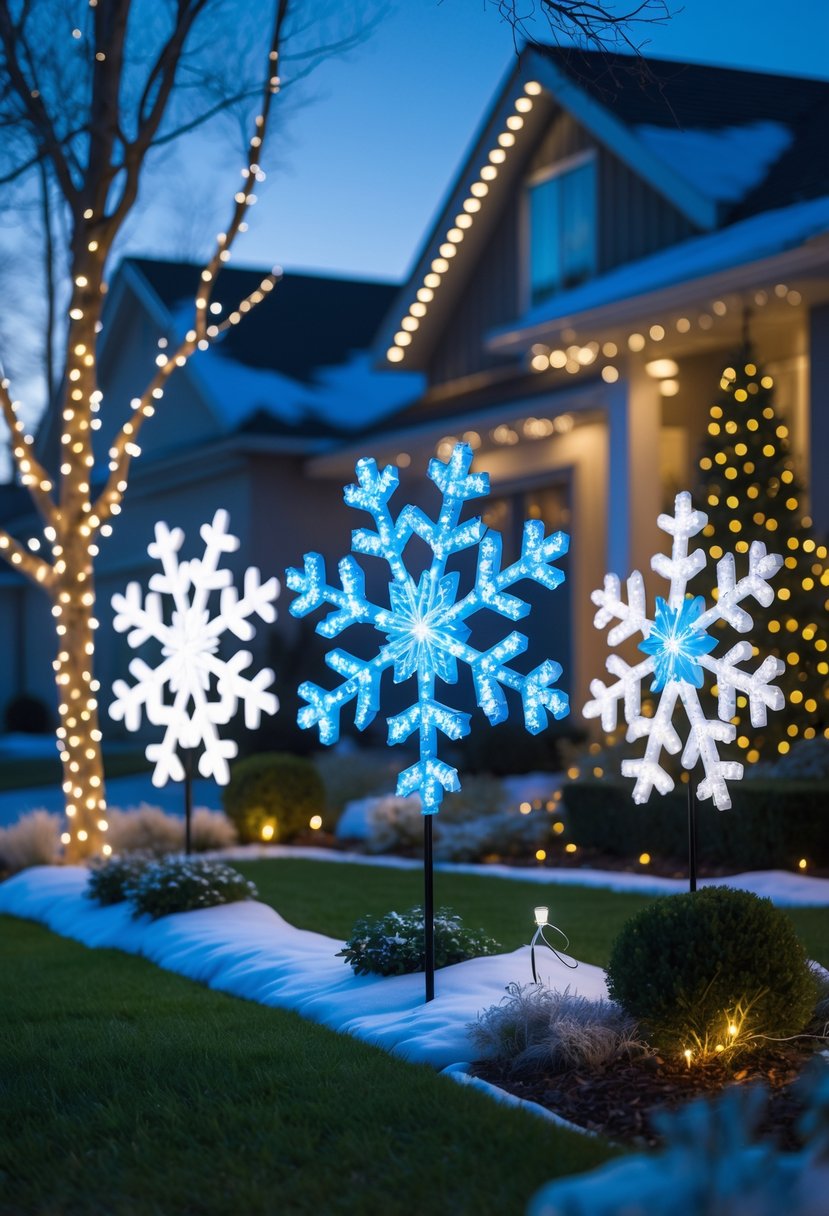 Christmas Yard Decorations Ideas 2025: 22 Inspiring Ways to Elevate Your Outdoor Display 24 A yard decorated with large illuminated snowflake decorations and holiday lights in front of a house at dusk.