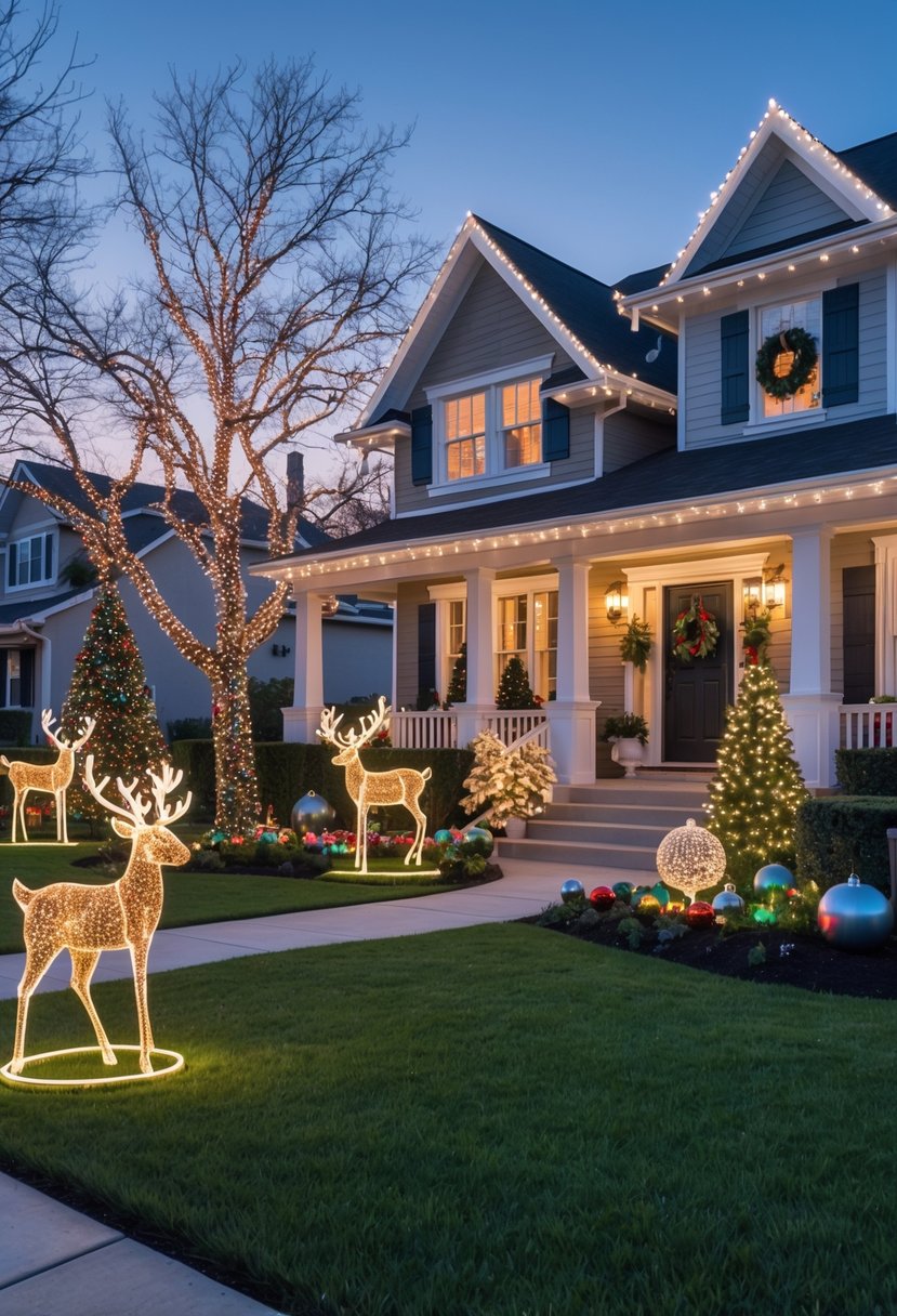 Christmas Yard Decorations Ideas 2025: 22 Inspiring Ways to Elevate Your Outdoor Display 25 A suburban front yard decorated with Christmas lights, illuminated reindeer, ornaments, and a Christmas tree near the porch at twilight.