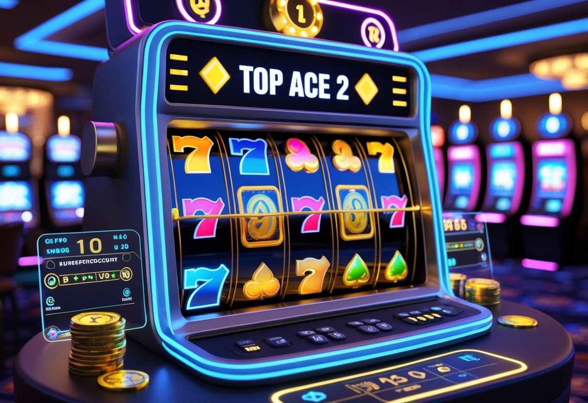 Mesin slot modern dengan gulungan berwarna-warni dan simbol keberuntungan di dalam kasino yang terang dan ramai.