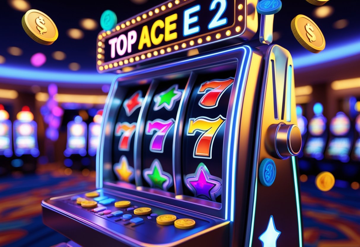 Mesin slot modern berwarna-warni dengan simbol klasik di dalam kasino yang ramai dan penuh cahaya.