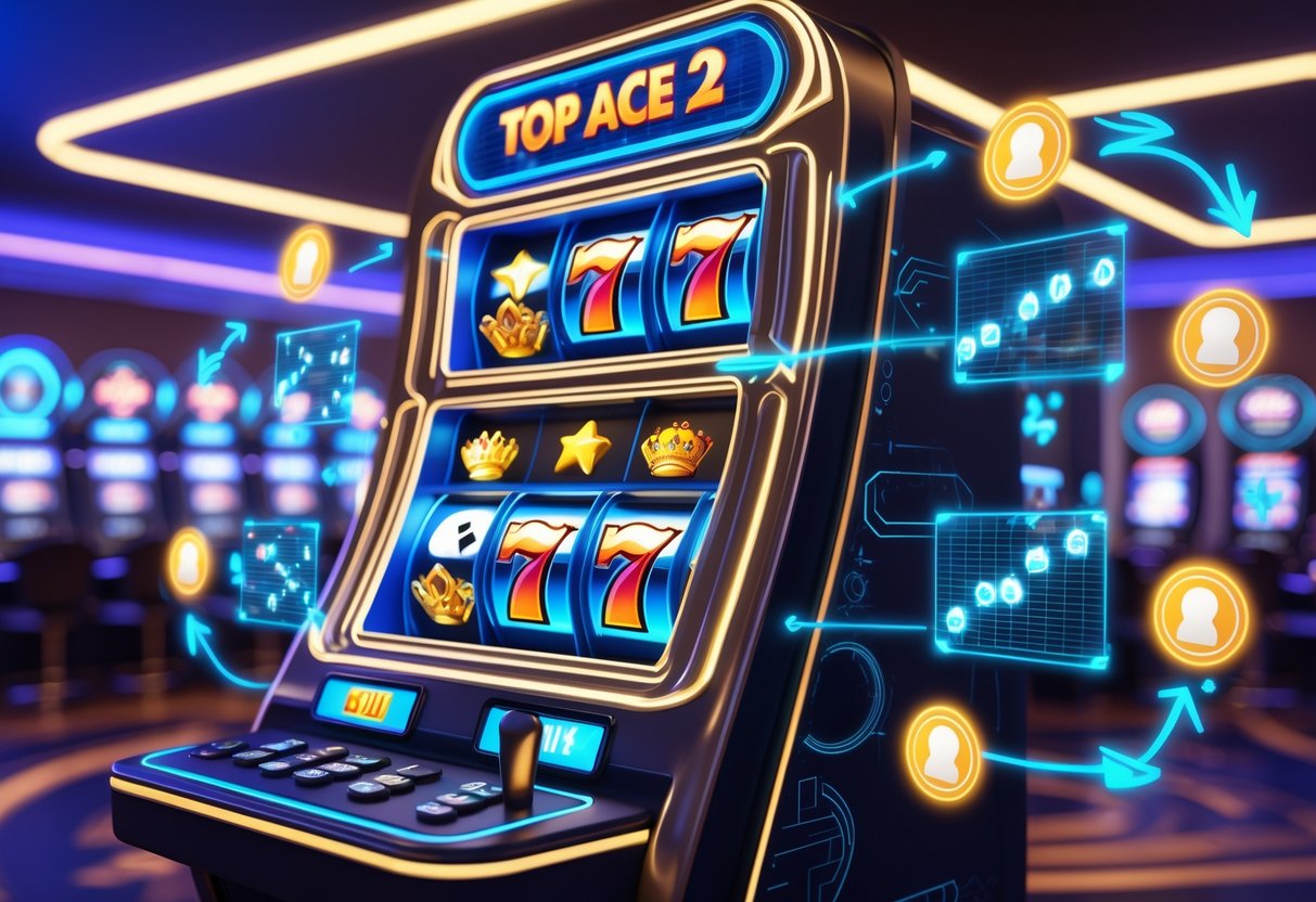 Mesin slot futuristik dengan lampu neon dan simbol berputar, dikelilingi oleh elemen holografik yang menunjukkan strategi dan teknik bermain untuk menang.