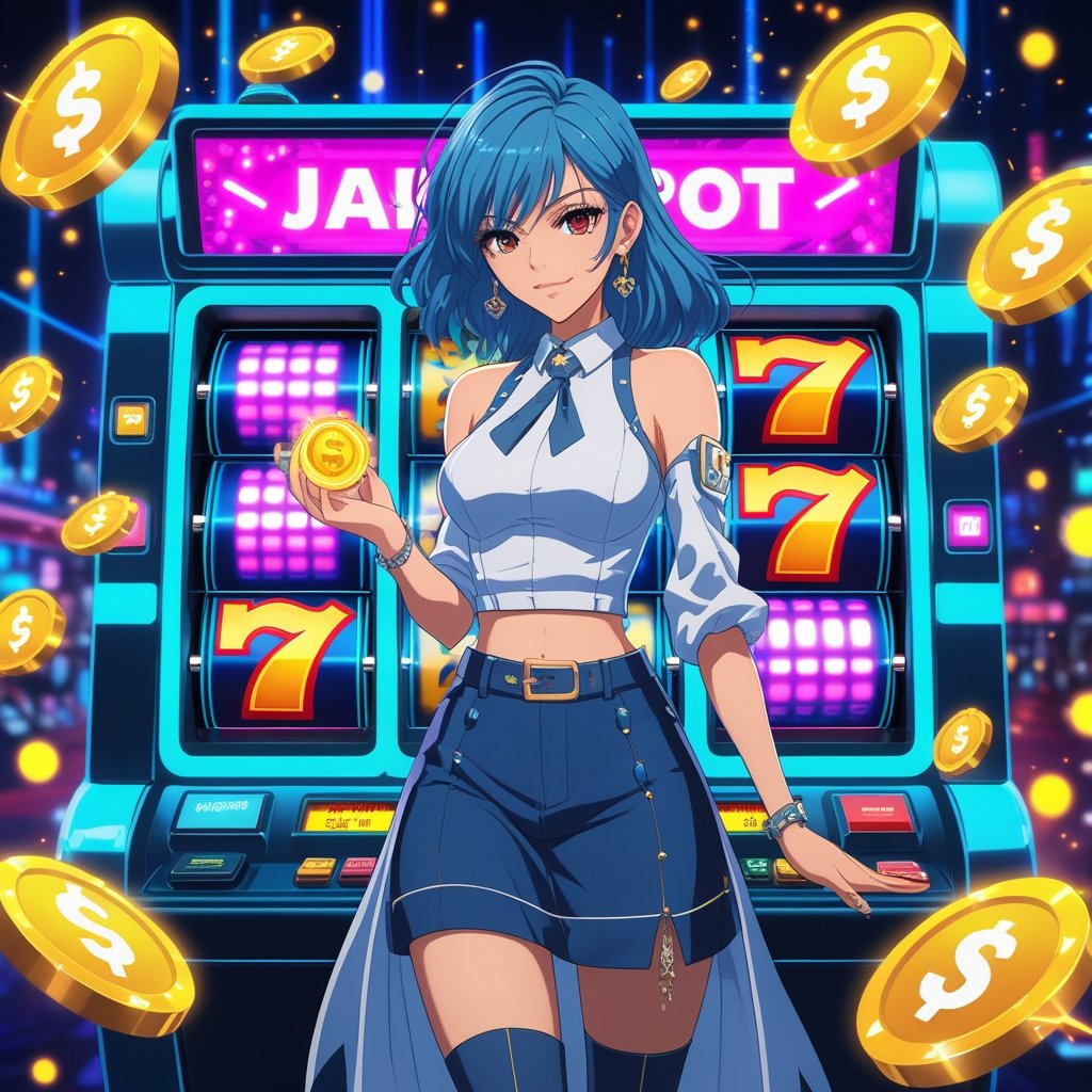 Seorang wanita muda berdiri di depan mesin slot futuristik dengan lampu neon dan koin berkilauan di sekitarnya.