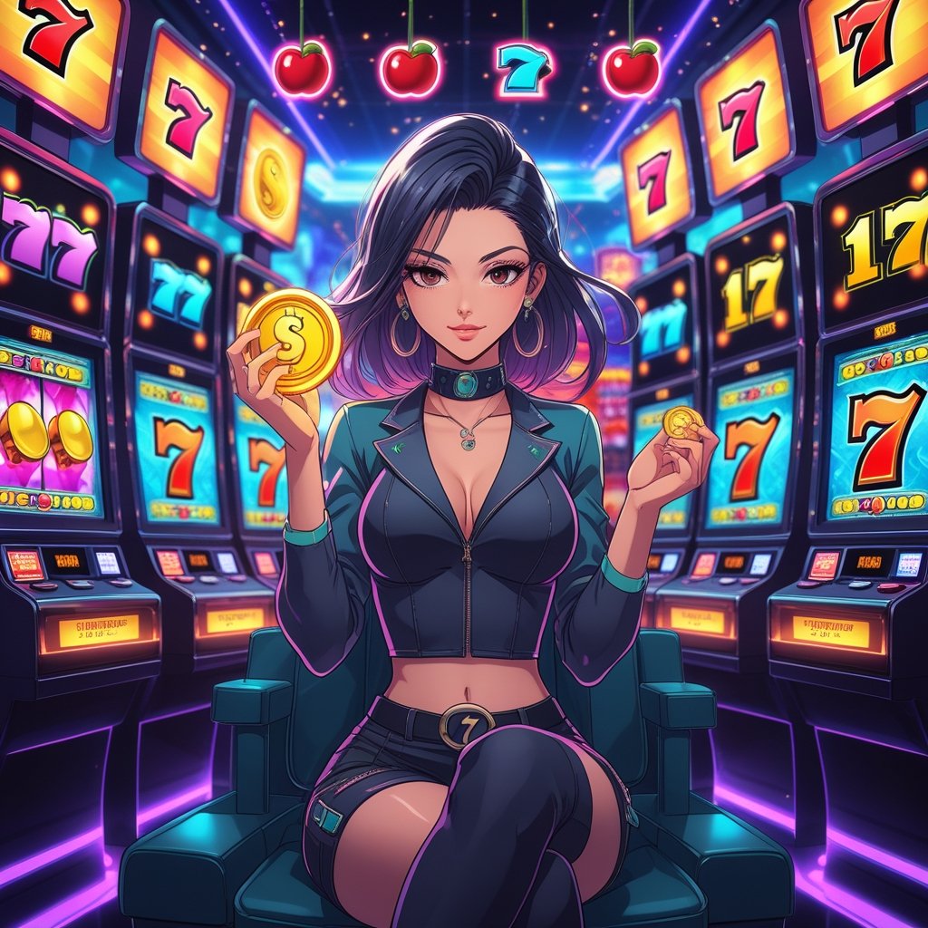 Seorang wanita muda duduk di depan mesin slot yang menyala dengan latar belakang kasino yang penuh lampu neon dan suasana semangat.