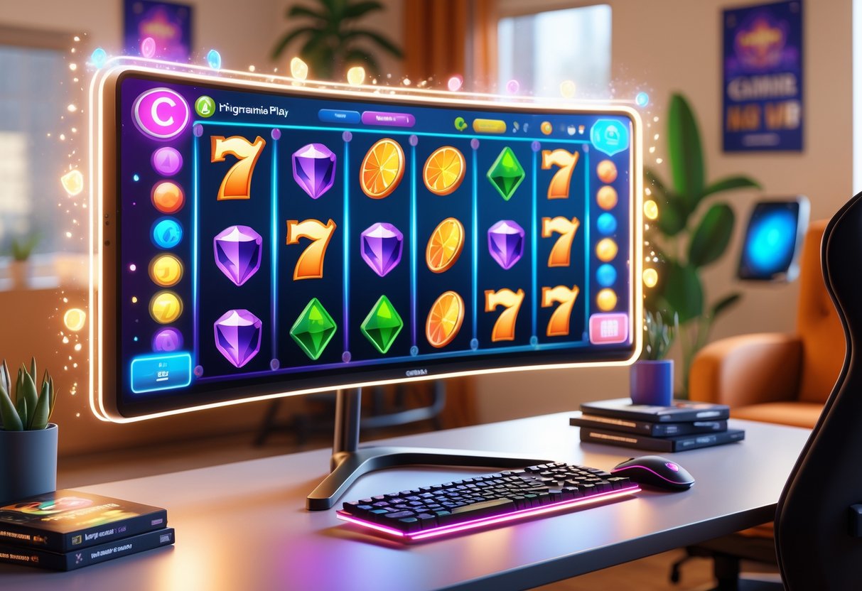 Sebuah ruang permainan dengan meja dan monitor yang menampilkan permainan slot berwarna-warni, dilengkapi dengan aksesori gaming dan suasana hangat yang mengundang pemain pemula.