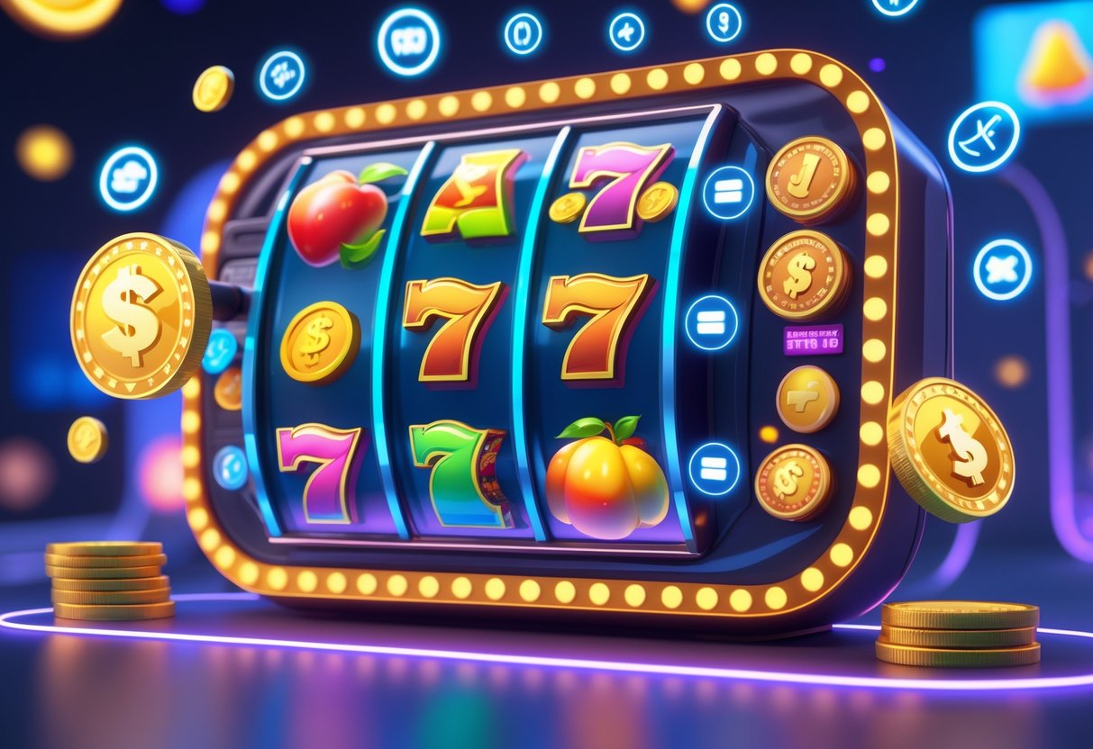 Tampilan mesin slot digital yang berwarna-warni dengan simbol buah dan koin, dikelilingi ikon-ikon yang melambangkan panduan untuk pemula dalam memilih permainan slot.