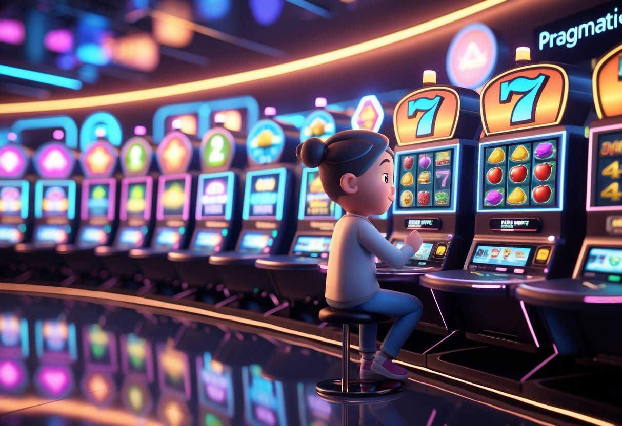 Suasana kasino modern dengan mesin slot yang berwarna-warni dan seorang pemain pemula sedang memilih permainan slot dengan antarmuka sentuh.