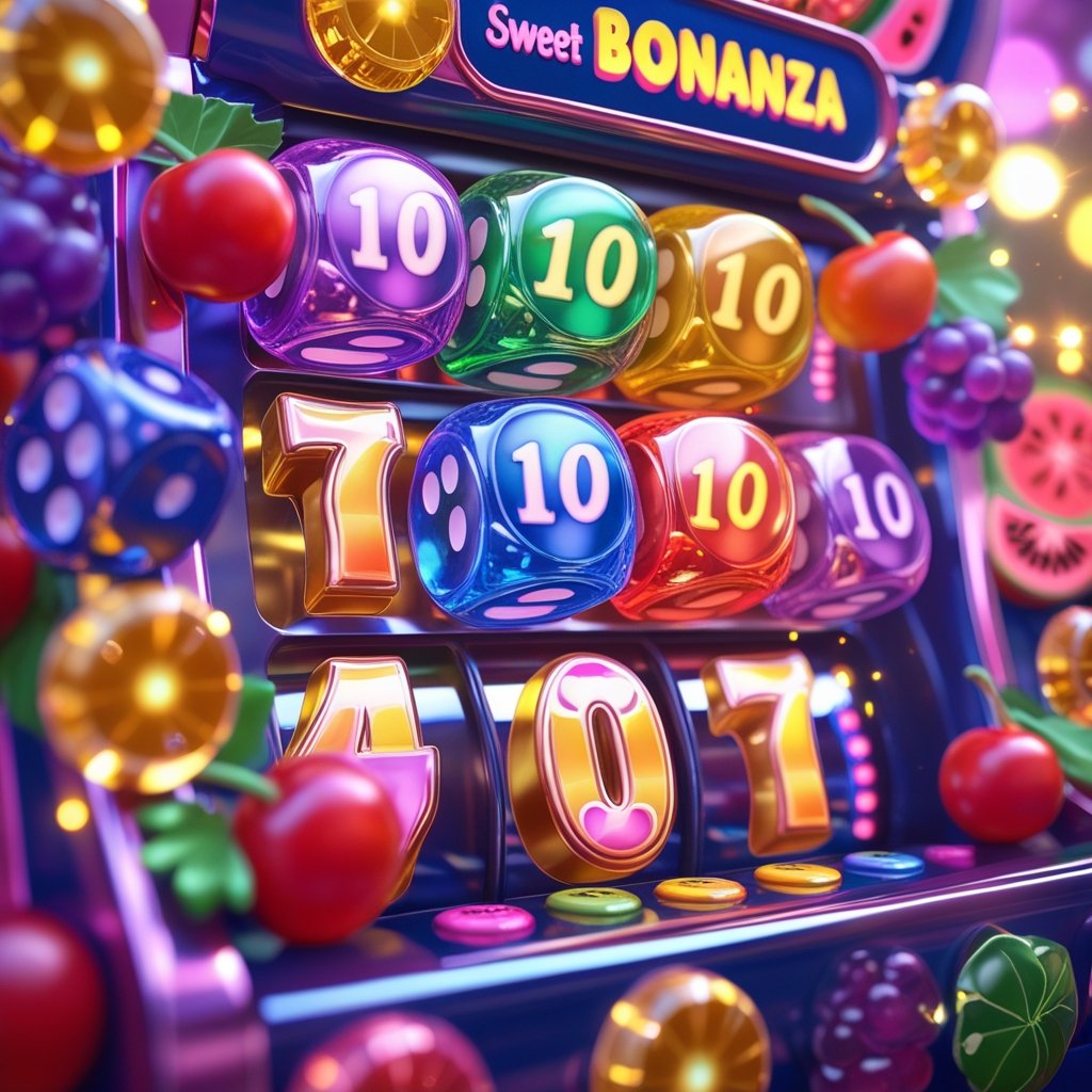 Mesin slot berwarna-warni dengan dadu dan buah-buahan cerah yang menggambarkan tema Sweet Bonanza.