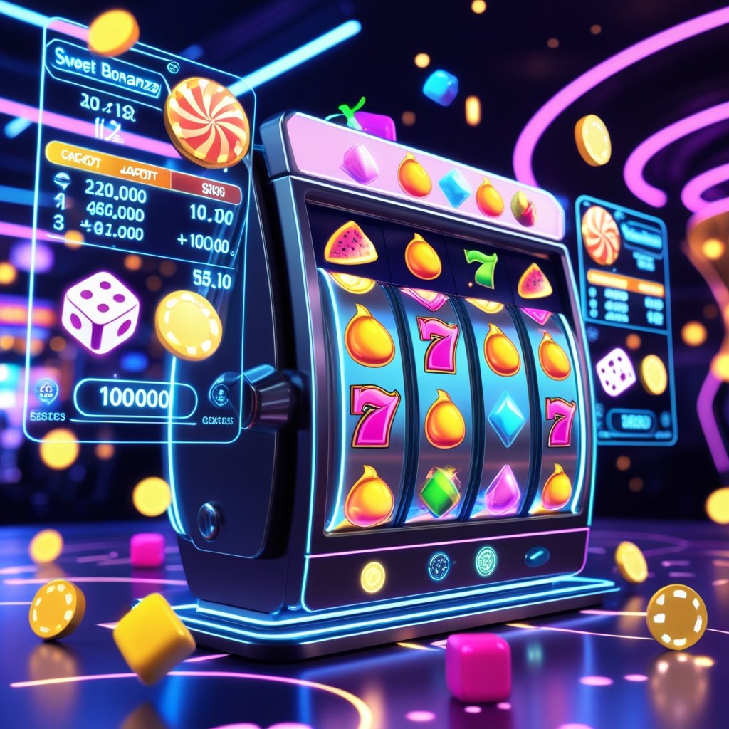 Tampilan mesin slot digital dengan simbol buah, dadu, dan permen yang berputar di latar kasino futuristik dengan lampu neon dan chip digital mengambang.