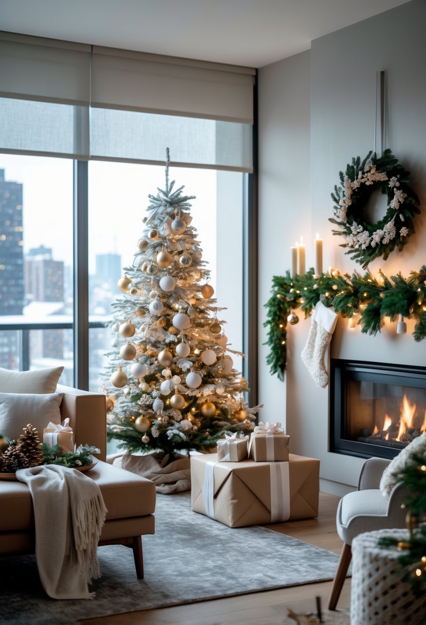 Apartment Christmas Decor Ideas 2025: 22 Stylish Ways To Elevate Small Spaces 2 A modern apartment living room decorated for Christmas with a tree, fireplace mantel garlands, wrapped gifts, and festive accents.