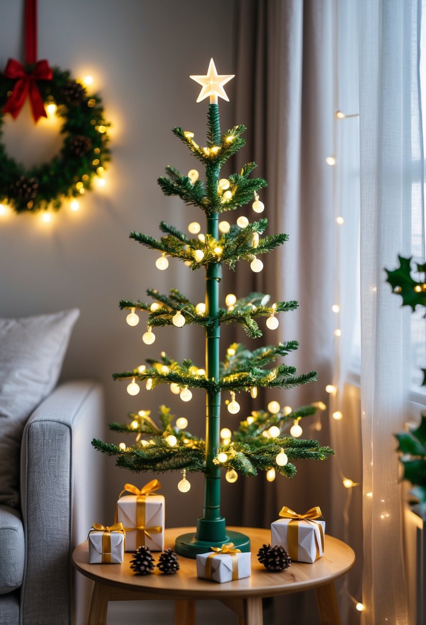 Apartment Christmas Decor Ideas 2025: 22 Stylish Ways To Elevate Small Spaces 3 A small LED Christmas tree on a wooden table in a cozy apartment with holiday decorations around it.
