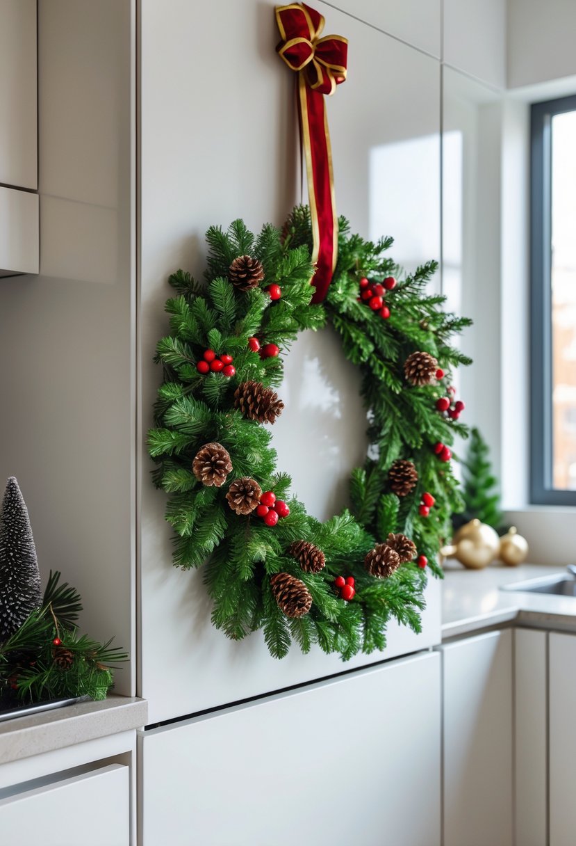 Apartment Christmas Decor Ideas 2025: 22 Stylish Ways To Elevate Small Spaces 4 A Christmas wreath hanging on a white kitchen cabinet door in a modern apartment kitchen with holiday decorations nearby.