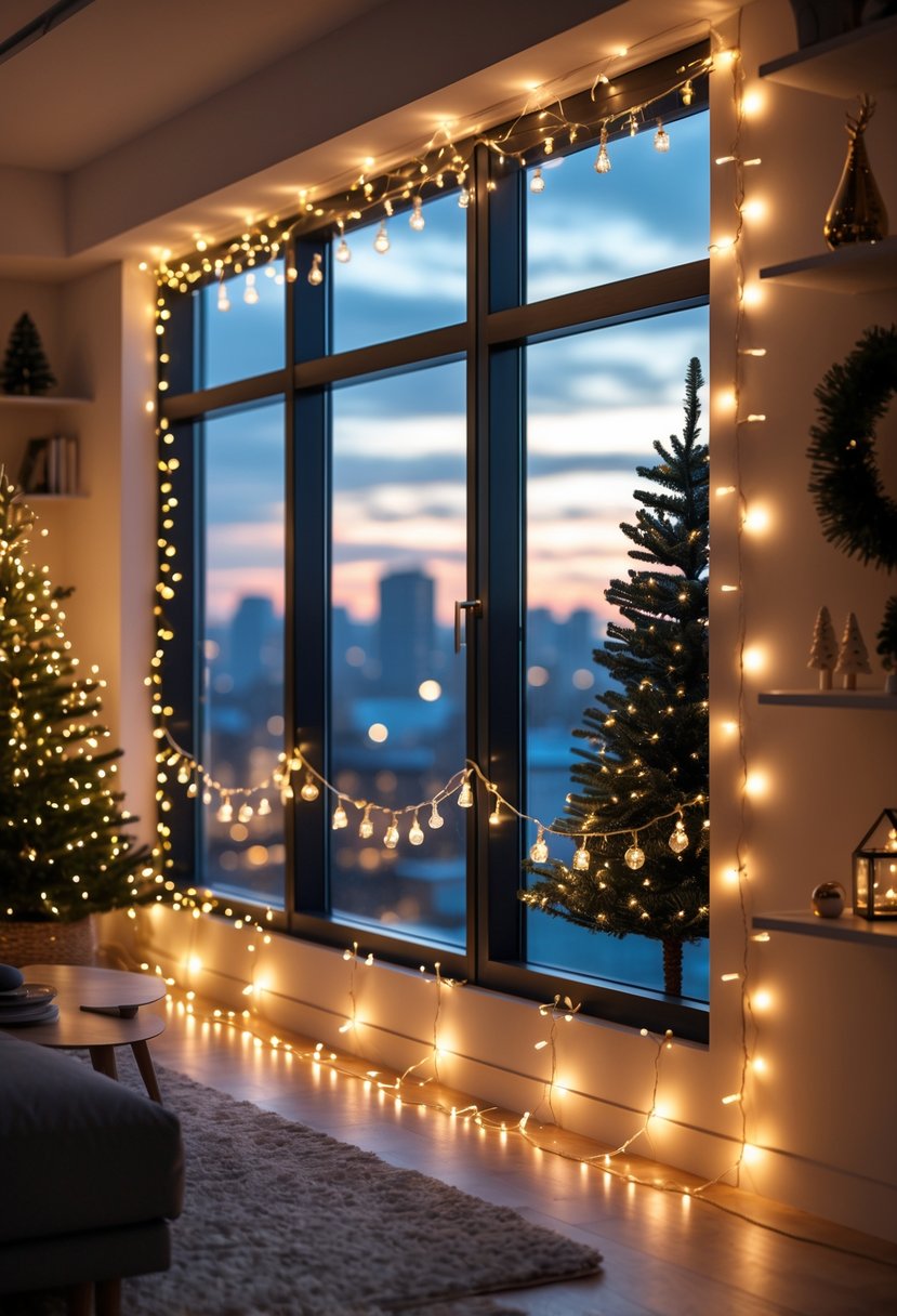 Apartment Christmas Decor Ideas 2025: 22 Stylish Ways To Elevate Small Spaces 5 Apartment windows decorated with twinkling fairy lights and Christmas decorations, viewed from inside during early evening.