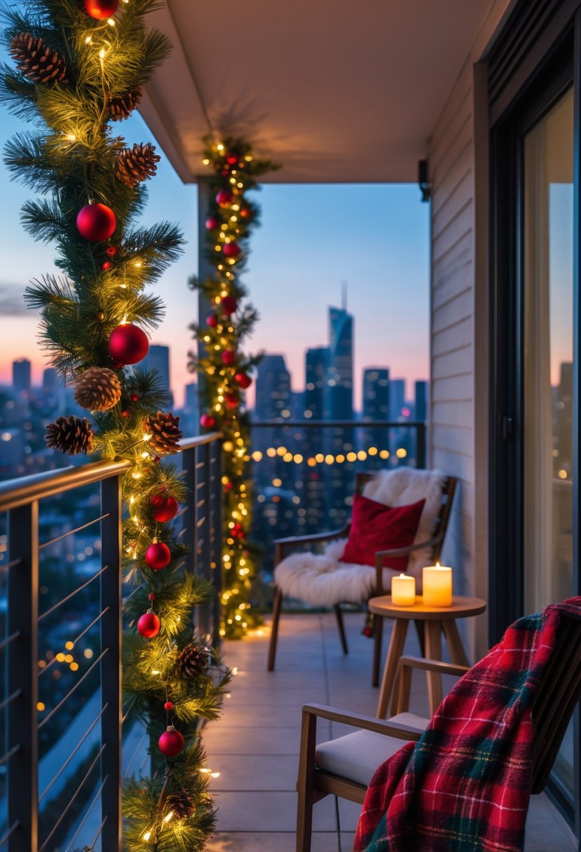 Apartment Christmas Decor Ideas 2025: 22 Stylish Ways To Elevate Small Spaces 6 Apartment balcony decorated with a Christmas garland made of pine branches, lights, and ornaments, overlooking a city skyline at dusk.