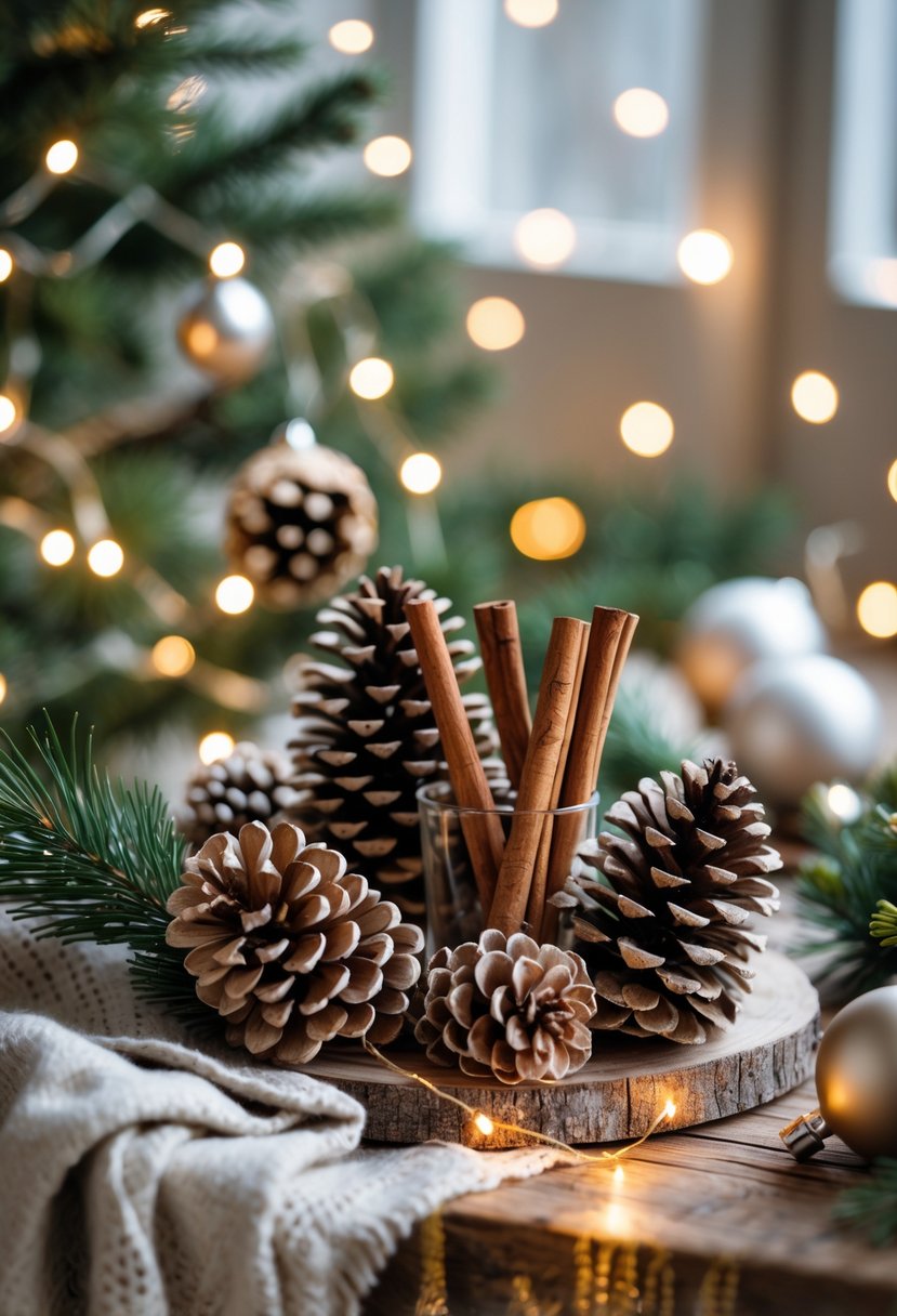 Apartment Christmas Decor Ideas 2025: 22 Stylish Ways To Elevate Small Spaces 7 A cozy apartment Christmas decoration with pinecones, cinnamon sticks, pine branches, and soft glowing fairy lights on a wooden table.