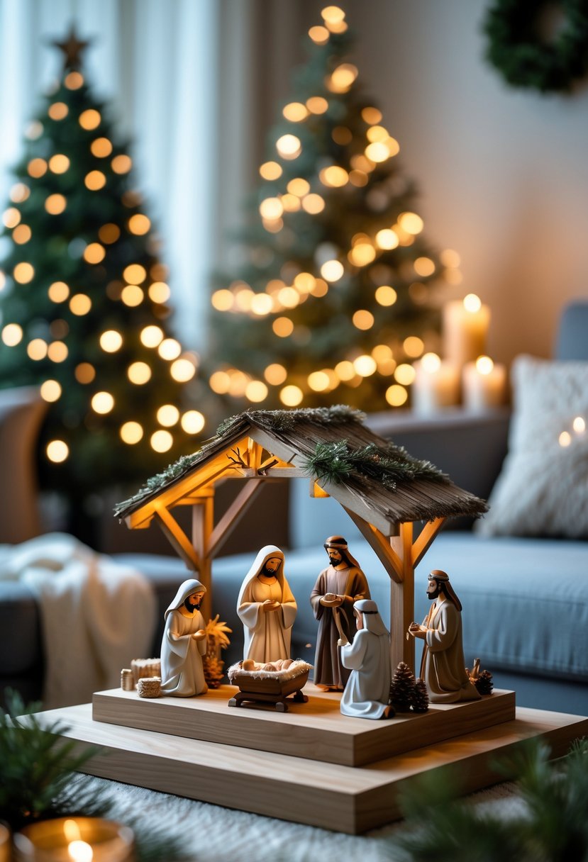 Apartment Christmas Decor Ideas 2025: 22 Stylish Ways To Elevate Small Spaces 8 A compact tabletop nativity scene with miniature figures of Mary, Joseph, baby Jesus, wise men, shepherds, and animals displayed on a wooden platform surrounded by Christmas decorations in an apartment.