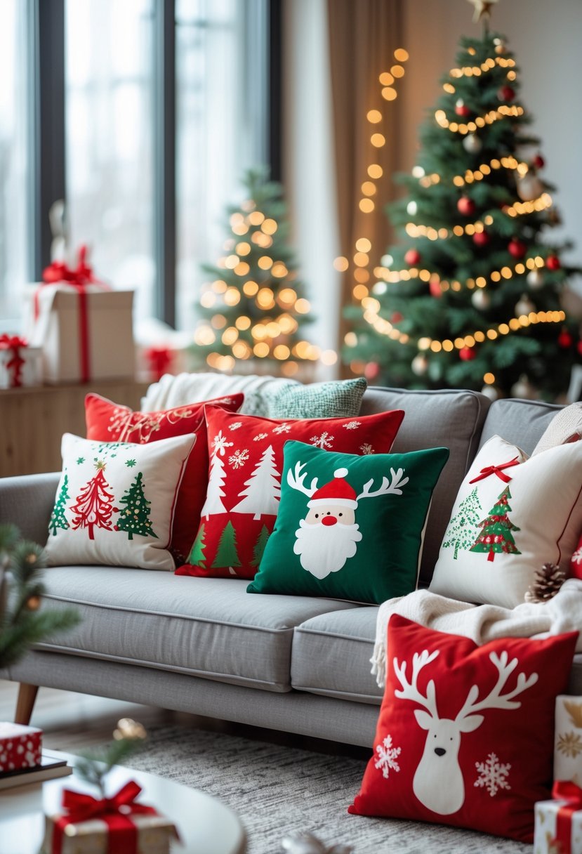 Apartment Christmas Decor Ideas 2025: 22 Stylish Ways To Elevate Small Spaces 9 A living room sofa with festive holiday throw pillows and Christmas decorations in the background.