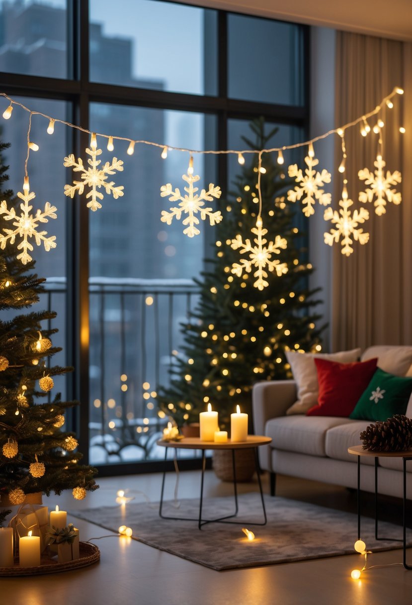 Apartment Christmas Decor Ideas 2025: 22 Stylish Ways To Elevate Small Spaces 10 Apartment living room decorated for Christmas with snowflake-shaped string lights glowing around a window and a small Christmas tree on a side table.