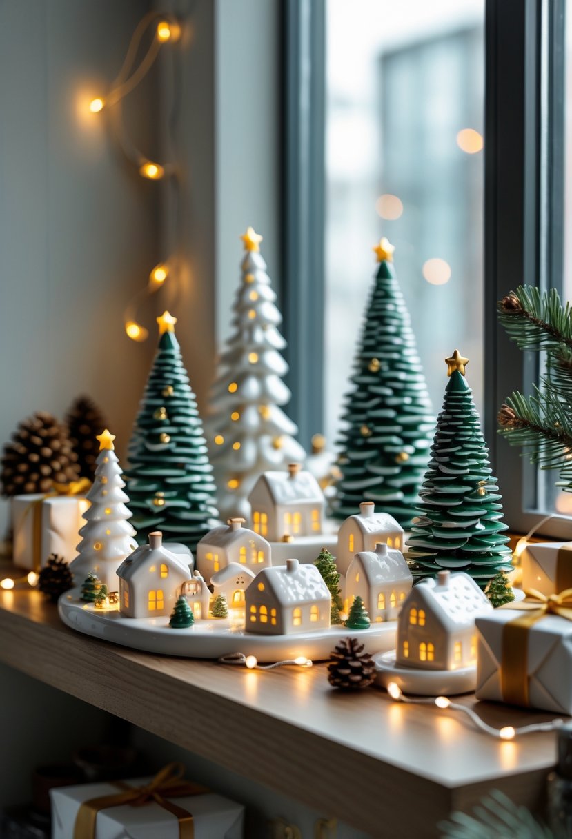 Apartment Christmas Decor Ideas 2025: 22 Stylish Ways To Elevate Small Spaces 11 A small ceramic Christmas village set displayed on a wooden surface with holiday decorations in a modern apartment interior.