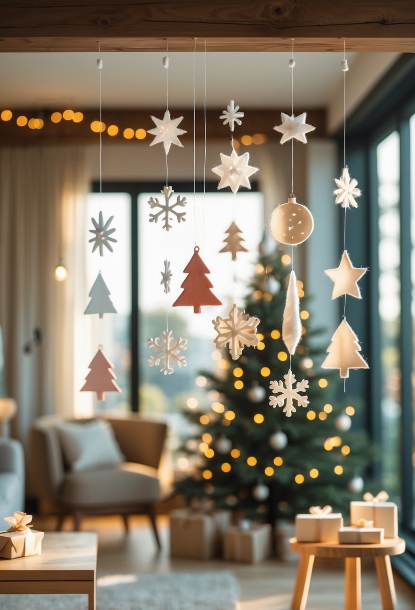 Apartment Christmas Decor Ideas 2025: 22 Stylish Ways To Elevate Small Spaces 12 A modern apartment living room decorated for Christmas with hanging felt ornament mobiles and a small Christmas tree near a large window.