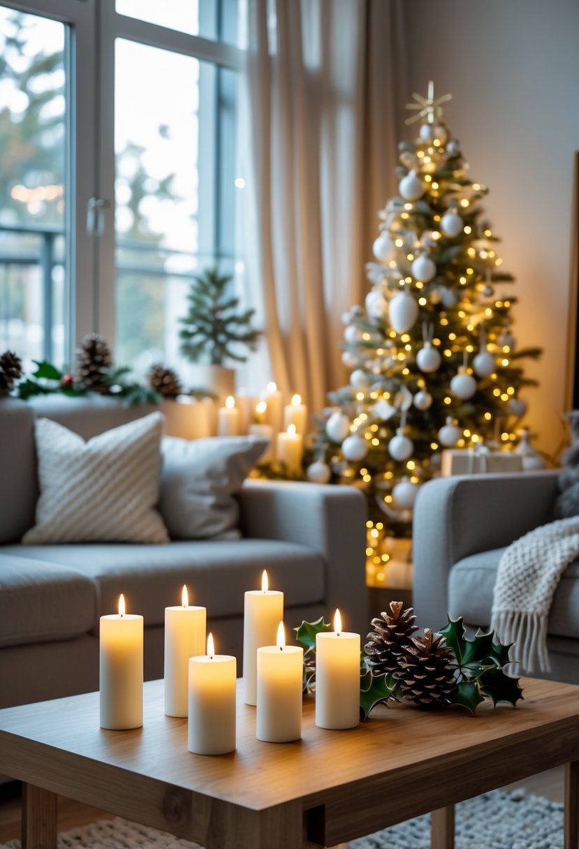 Apartment Christmas Decor Ideas 2025: 22 Stylish Ways To Elevate Small Spaces 13 A modern apartment living room decorated for Christmas with flameless candles glowing on a coffee table and window sills, surrounded by a small decorated Christmas tree and festive greenery.