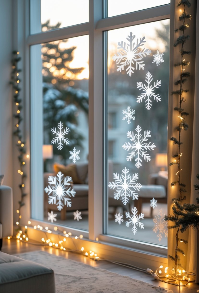Apartment Christmas Decor Ideas 2025: 22 Stylish Ways To Elevate Small Spaces 14 Apartment windows decorated with translucent snowflake window clings and festive Christmas decorations inside.