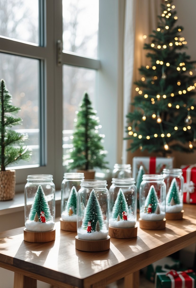 Apartment Christmas Decor Ideas 2025: 22 Stylish Ways To Elevate Small Spaces 15 Mason jar snow globe crafts displayed on a wooden table in a decorated apartment with Christmas lights and a small tree in the background.
