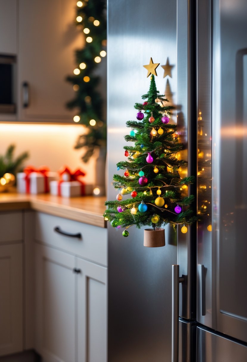 Apartment Christmas Decor Ideas 2025: 22 Stylish Ways To Elevate Small Spaces 16 A small magnetic Christmas tree with colorful ornaments and lights attached to a refrigerator door in a decorated apartment kitchen.
