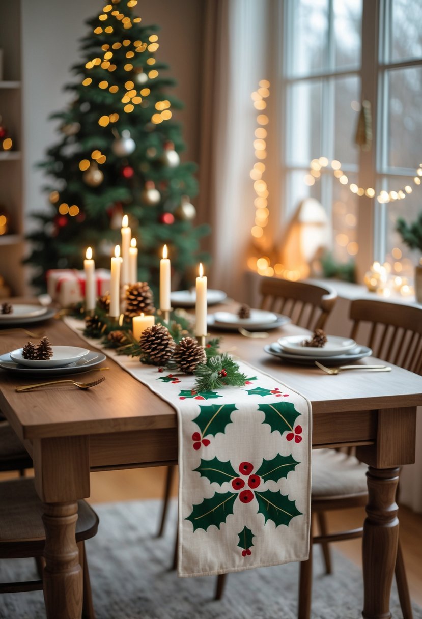 Apartment Christmas Decor Ideas 2025: 22 Stylish Ways To Elevate Small Spaces 17 A dining table in an apartment decorated for Christmas with a table runner featuring holly and red berries, surrounded by holiday decorations.