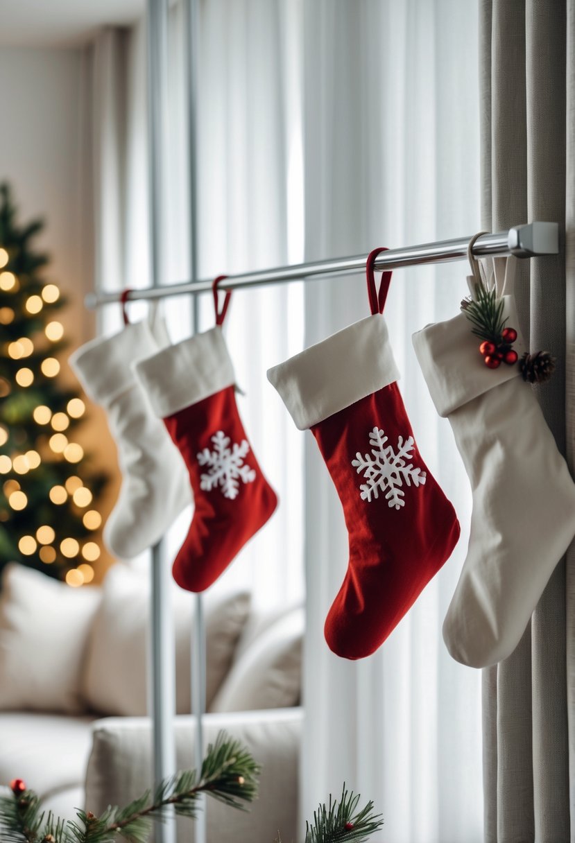 Apartment Christmas Decor Ideas 2025: 22 Stylish Ways To Elevate Small Spaces 18 Miniature Christmas stockings hanging on curtain rods in a decorated apartment living room with holiday lights and a Christmas tree in the background.