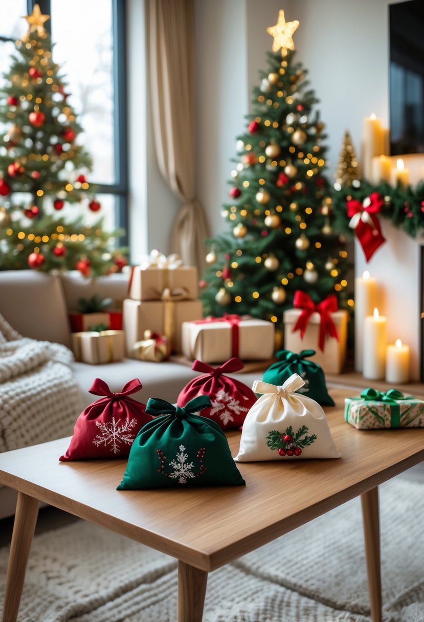 Apartment Christmas Decor Ideas 2025: 22 Stylish Ways To Elevate Small Spaces 19 A cozy apartment living room decorated for Christmas with a tree, holiday-themed scented sachets on a coffee table, garlands, candles, and wrapped gifts.
