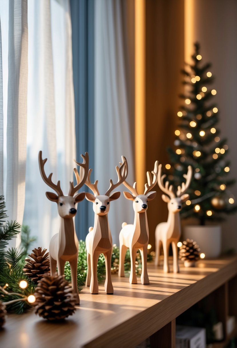 Apartment Christmas Decor Ideas 2025: 22 Stylish Ways To Elevate Small Spaces 21 Wooden reindeer figurines displayed on a shelf in a decorated apartment with a Christmas tree in the background.